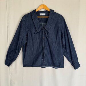 Zara Bib Peter Pan Tie Collar Long Sleeve 100% Cotton Dark Denim Blouse Small